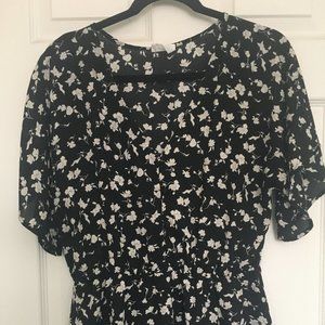 Black and White Floral, Elastic Waist, Button front Blouse